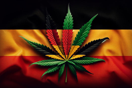 Foglia di cannabis davanti alla bandiera tedesca