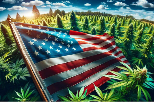 Bandiera in mezzo a un campo di cannabis