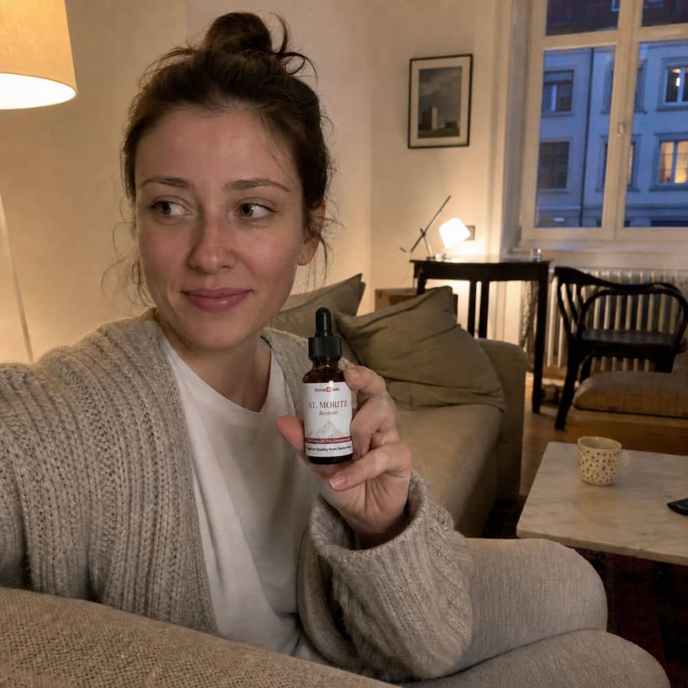 Donna che tiene in mano un flacone di olio di CBD St. Moritz in soggiorno