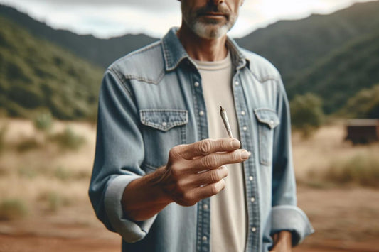 Uomo di mezza età con in mano una cannabis