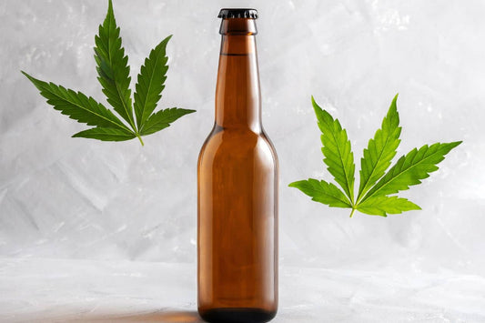 foglie di cannabis e una bottiglia di birra