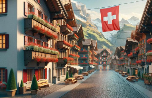 Sventola la bandiera svizzera in una piccola città della Svizzera