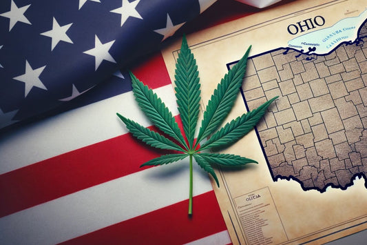 Foglia di cannabis, bandiera degli USA, mappa dell'Ohio