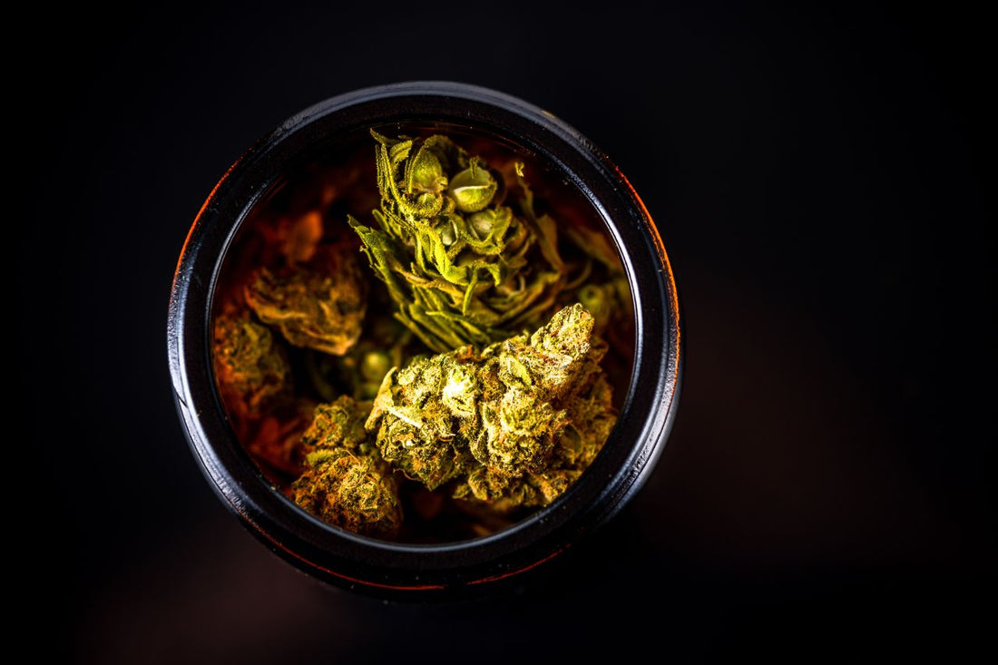 Un barattolo pieno di fiori e gemme di cannabis