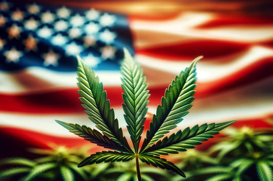 Foglia di cannabis davanti alla bandiera USA