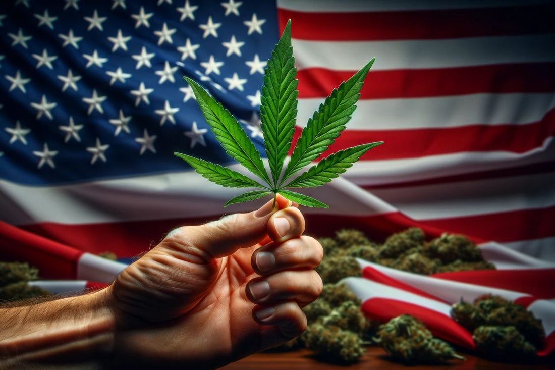 Bandiera americana e foglia di cannabis