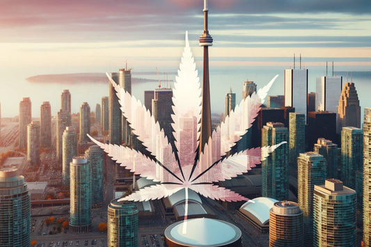 Foglia di cannabis traslucida con sfondo di paesaggio urbano