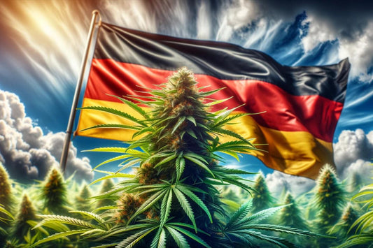 Pianta di cannabis davanti a una bandiera tedesca sventolante