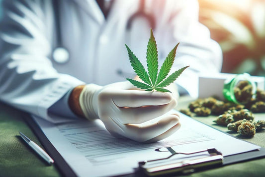 Medico con in mano una foglia di cannabis