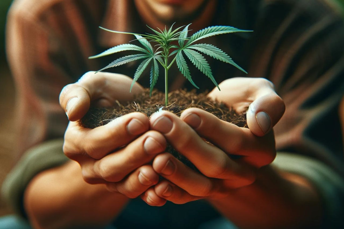 Un uomo con in mano una pianta di cannabis