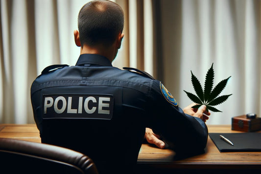 Agente di polizia con in mano una foglia di cannabis