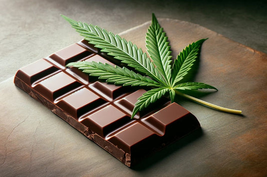Barretta di cioccolato e foglia di cannabis