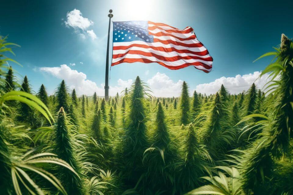 Sventola la bandiera americana in un campo di cannabis