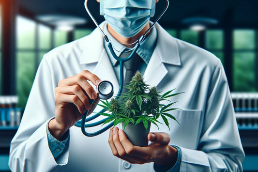 Un medico con in mano una pianta di cannabis