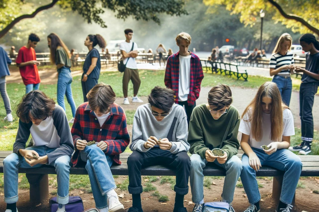 Gruppo di adolescenti seduti in una panchina