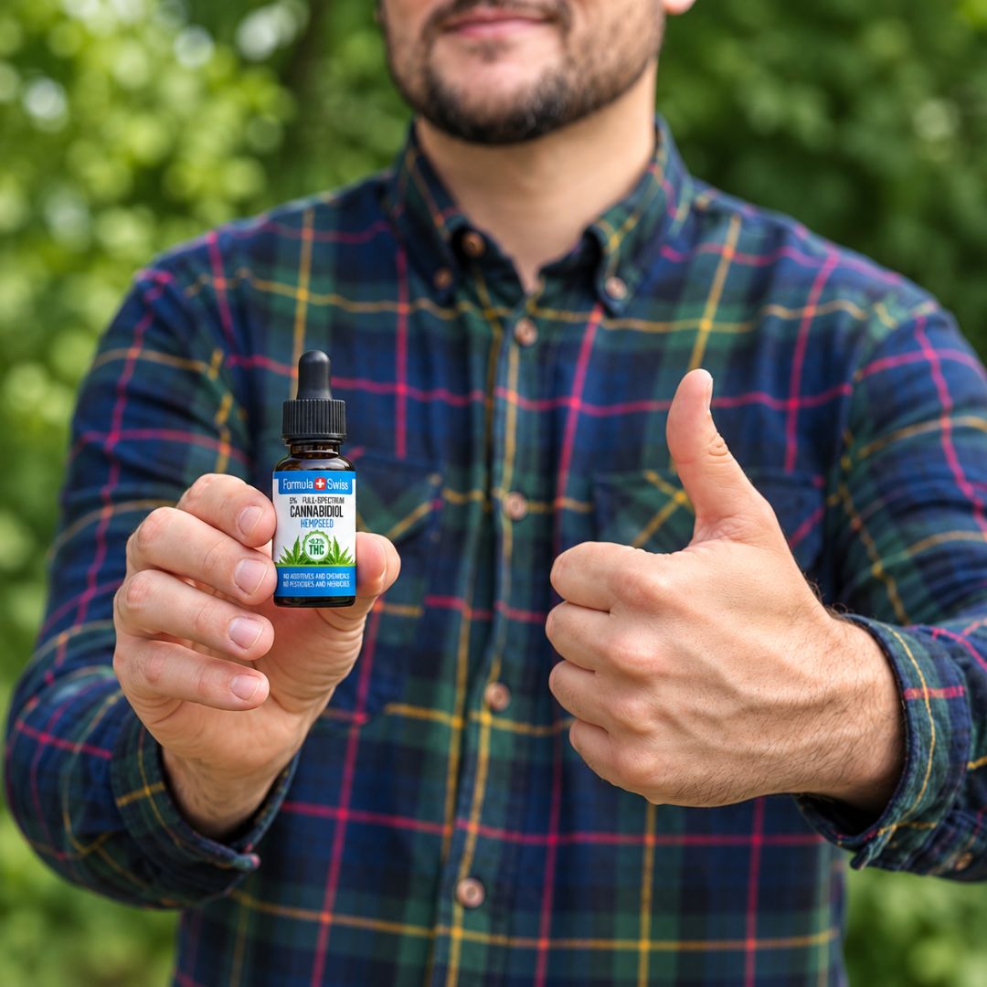 Persona che tiene un flacone di olio di CBD Formula Swiss in olio di semi di canapa e alza il pollice