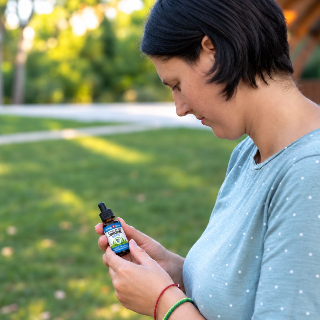 Donna in un parco che legge l'etichetta di un flacone di olio di CBD, maglietta azzurra a pois e braccialetti rossi e verdi