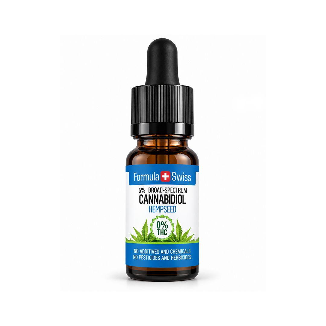 Flacone ambrato di olio di CBD Formula Swiss in olio di semi di canapa, etichetta bianca con bande blu e foglie di canapa