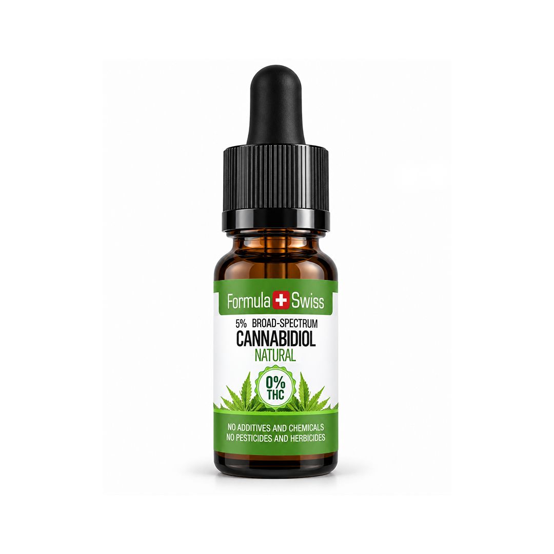 Flacone contagocce ambrato da 10 ml di olio di CBD naturale Formula Swiss, 5% ampio spettro, etichetta bianca e verde