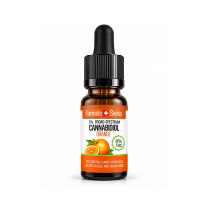 Flacone contagocce ambrato di olio di CBD all'arancia Formula Swiss, tappo nero, etichetta arancione e bianca