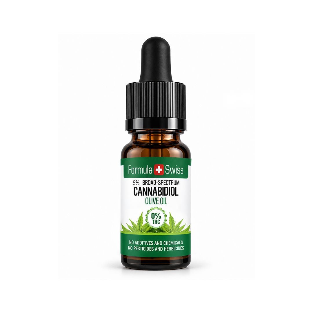 Flacone contagocce ambrato di olio di CBD in olio d'oliva Formula Swiss, 0% THC, tappo nero, su sfondo grigio chiaro
