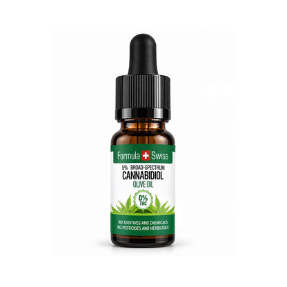Flacone contagocce ambrato di olio di CBD in olio d'oliva Formula Swiss, 0% THC, tappo nero, su sfondo grigio chiaro