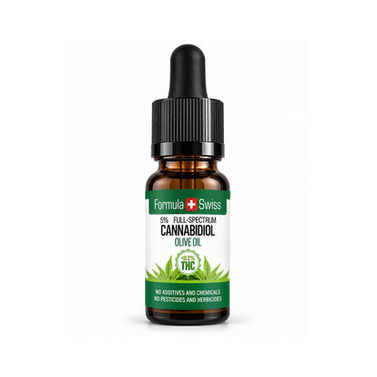 Flacone contagocce ambrato di olio di CBD in olio d'oliva Formula Swiss, <0,2% THC, tappo nero, su sfondo grigio chiaro