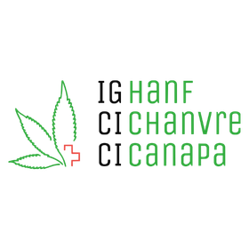 Logo dell'associazione dell'industria della cannabis IG Hanf con foglia di canapa verde, croce svizzera e nome multilingue.