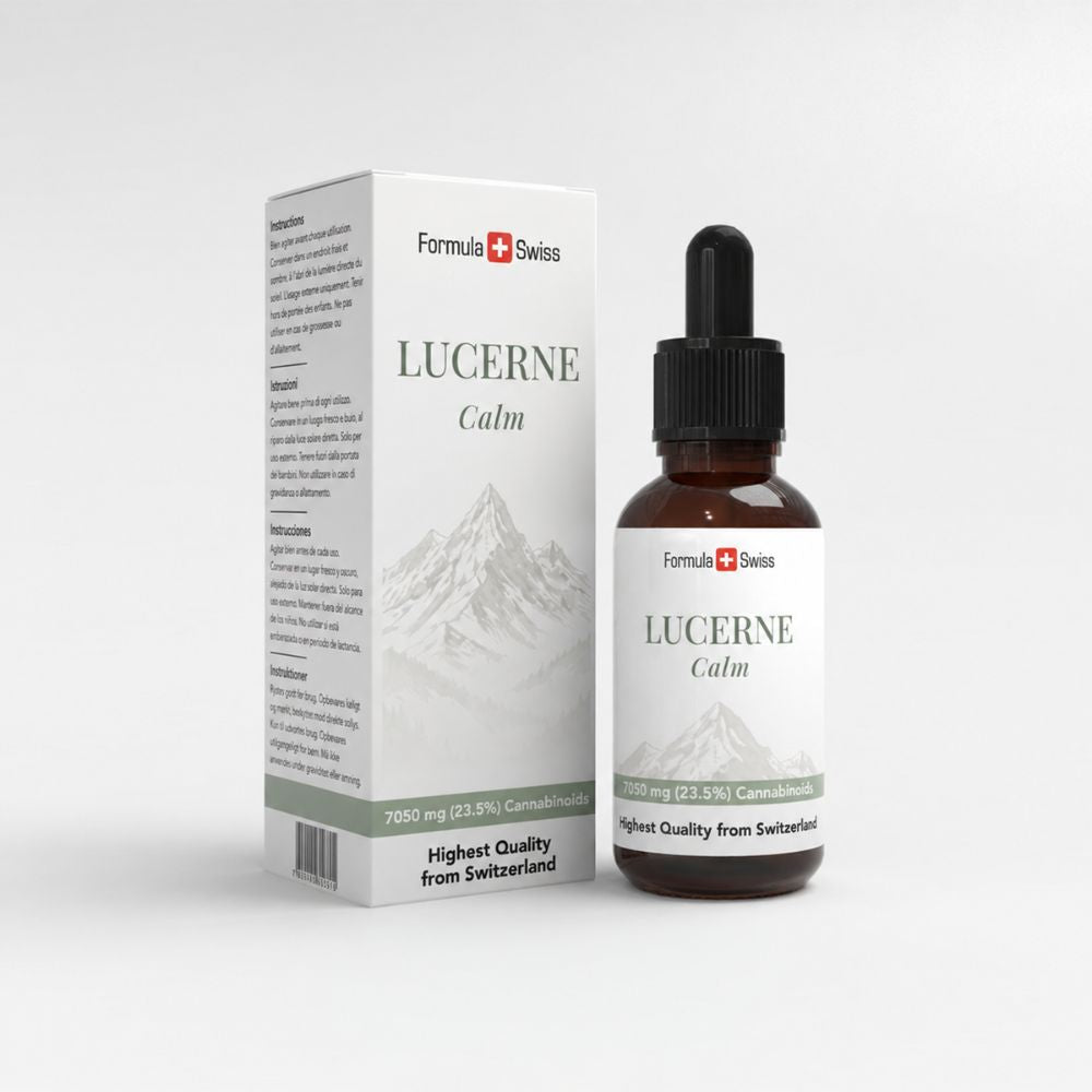 Flacone e confezione di Lucerne Calm di Formula Swiss su sfondo bianco