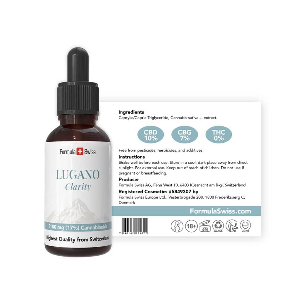 Flacone contagocce di CBD con etichetta Lugano Clarity di Formula Swiss su sfondo bianco