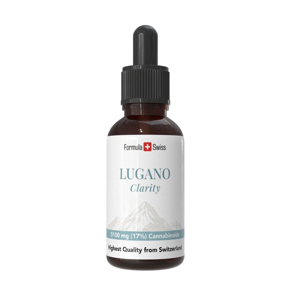 Flacone di Lugano Clarity con logo Formula Swiss su sfondo bianco