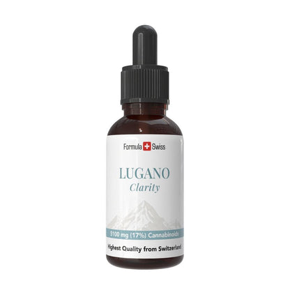 Flacone di Lugano Clarity con logo Formula Swiss su sfondo bianco