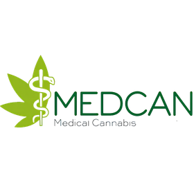Logo di cannabis medica MEDCAN con una foglia di cannabis verde e un simbolo della farmacia su uno sfondo trasparente.