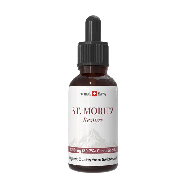 Flacone di St. Moritz con logo Formula Swiss su sfondo bianco