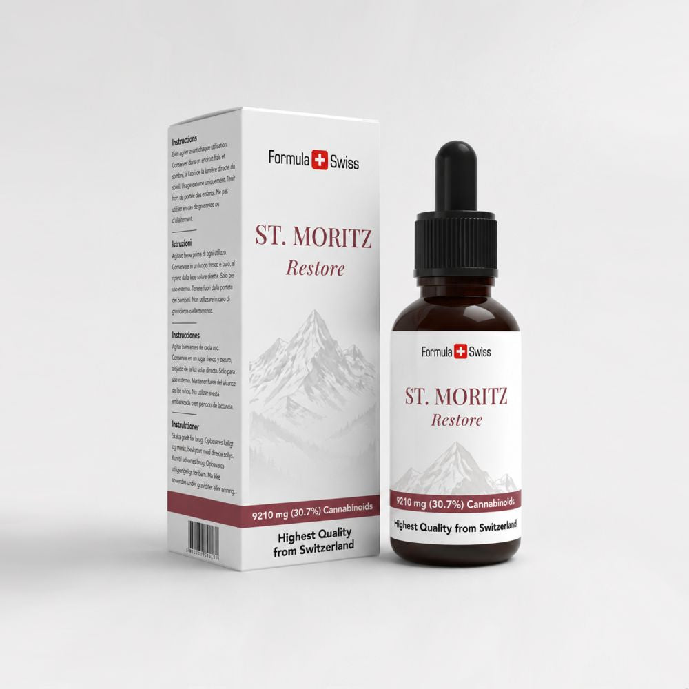 Flacone e confezione di St. Moritz Restore su sfondo bianco