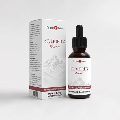 Flacone e confezione di St. Moritz Restore su sfondo bianco